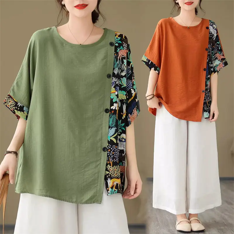 

Женская футболка с контрастным принтом, свободная футболка большого размера с коротким рукавом и пуговицами, K788, лето 2024