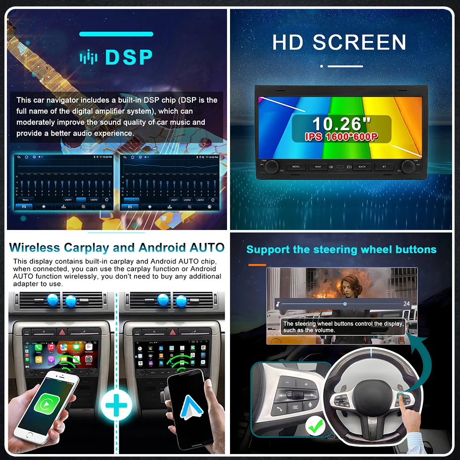 Radio para coche con pantalla de 10,26 pulgadas, Carplay inalámbrico, Android 15, accesorios para coche, estéreo para Audi A4 B6 S4 B7 RS4 Seat Exeo 2002-2008, sistemas inteligentes, reproductor multimedia, Bluetooth, autorradio, navegación GPS 2DIN 5