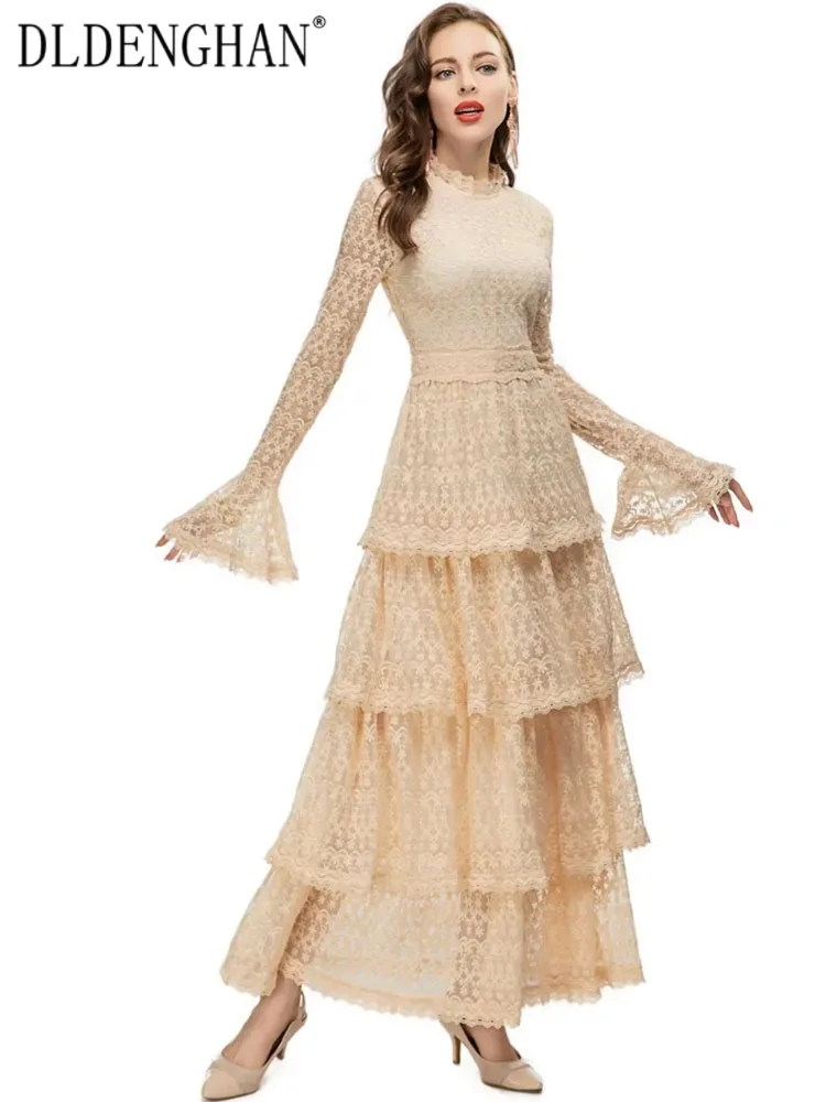 

DLDENGHAN Spring Summer Women Mesh Long Dress Stand Collar Flare Sleeve Floral Embroidery Vintage Party Dress Fashion Runway New