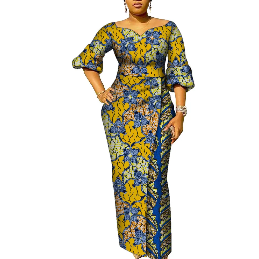 African Dresses for Women Patchwork Ankara Dress Lantern Sleeves Maxi Dress Women Party Dress Lady African Clothes WY9937