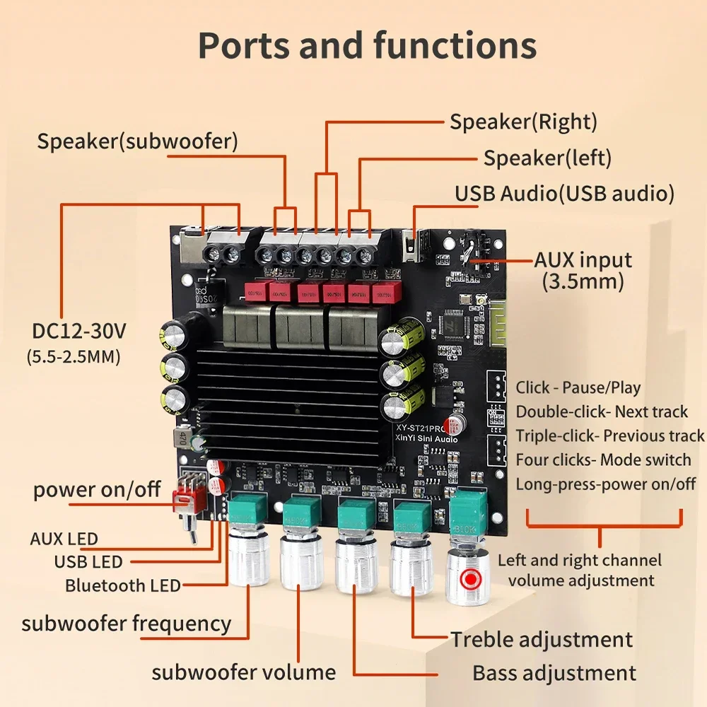 2*100W+200W TPA3221 Bluetooth Power Amplifier Board 2.1 Ch Class D USB Sound Card Subwoofer Theater Audio Stereo Equalizer Amp 3