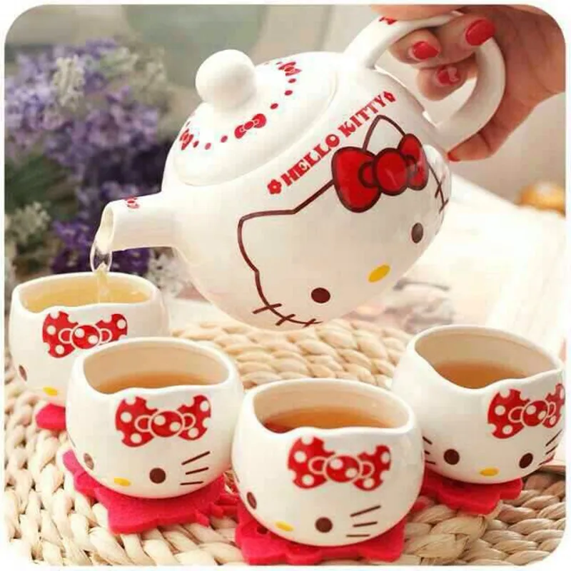 Anime Sanrio Hello Kitty Ceramic Teacup Teapot Saucer Creative