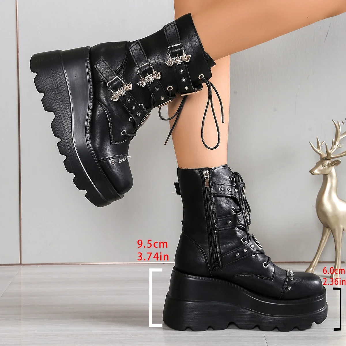 Women's Goth Platform Motorcycle Boots Punk Rivet Buckle Strap Combat Booties for Women Thick Bottom Wedge Heels Mid Calf Shoes
