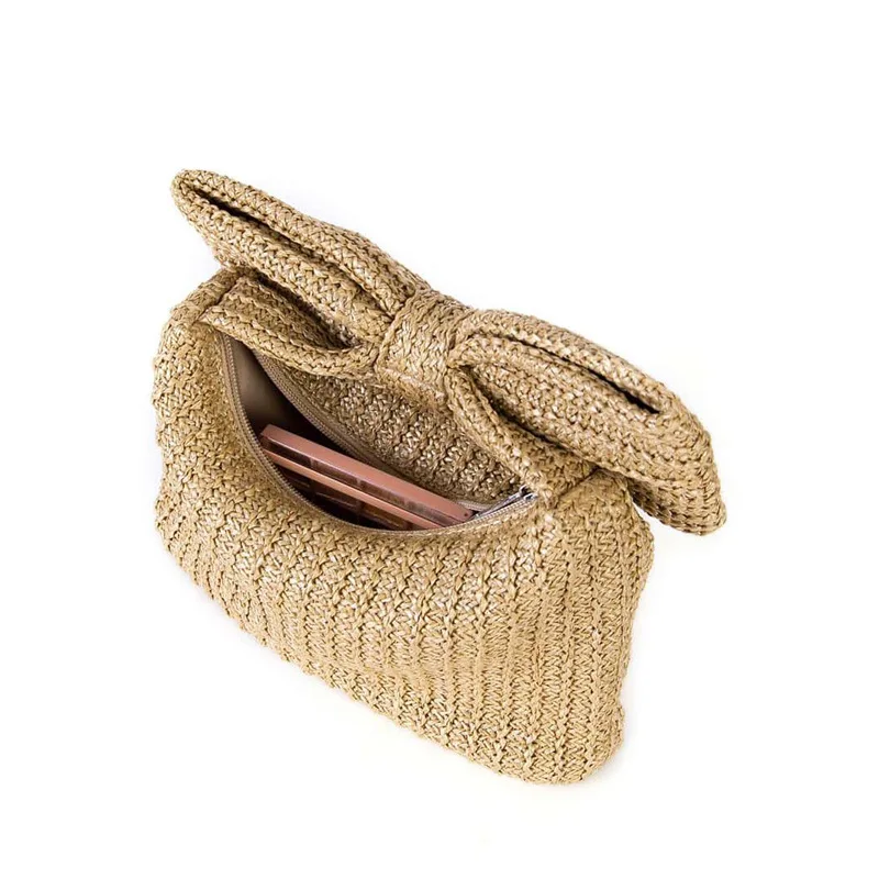 2024 New Summer Straw Woven Clutch Bag Luxury Design Women Bow Purse Evenging Handbags Vacation Beach Tote Formal Party Wedding