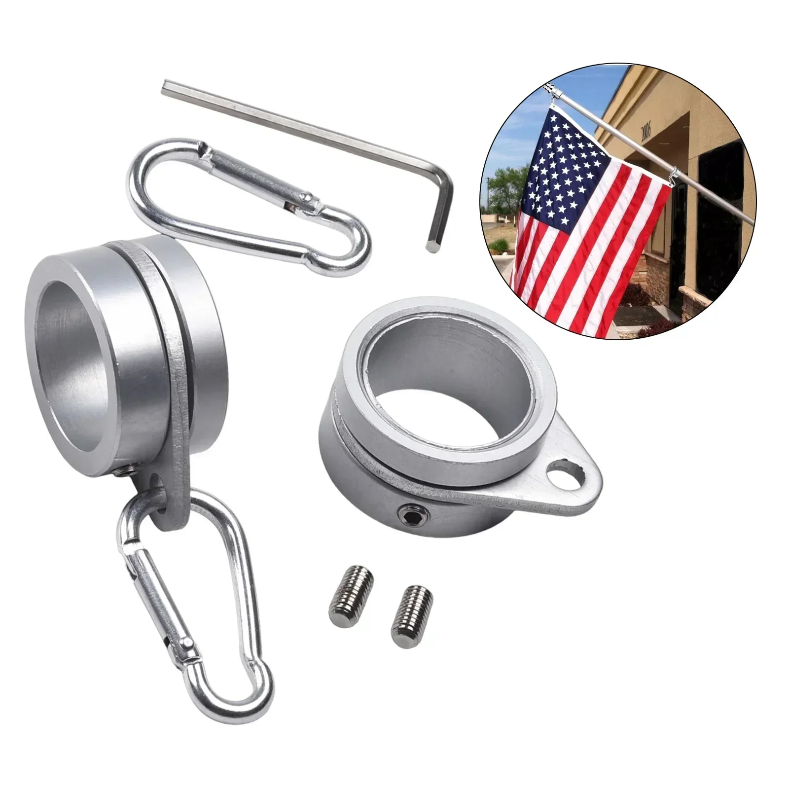 2pcs Aluminum Alloy Flag Pole Rings Flagpole Flag Mounting Rings With Carabiners AntiWrap for 0.75-1 In Pole for 360&deg; Rotating Flag Pole Attachments