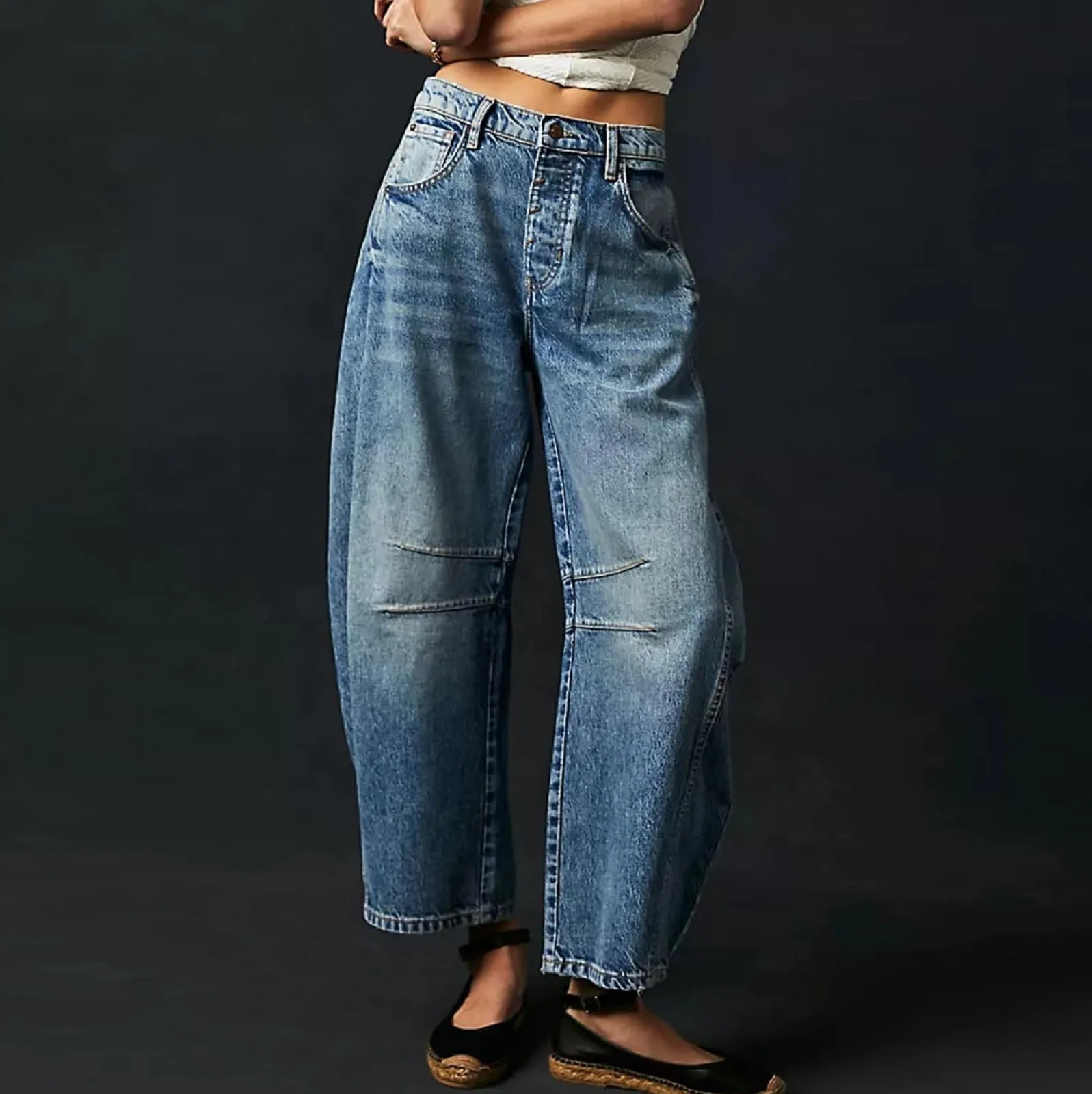 

Cropped Denim Pants Women Wide Leg Barrel Jeans Mid Waist Baggy Jeans With Pockets Vintage Denim Trousers Korean Style Pants