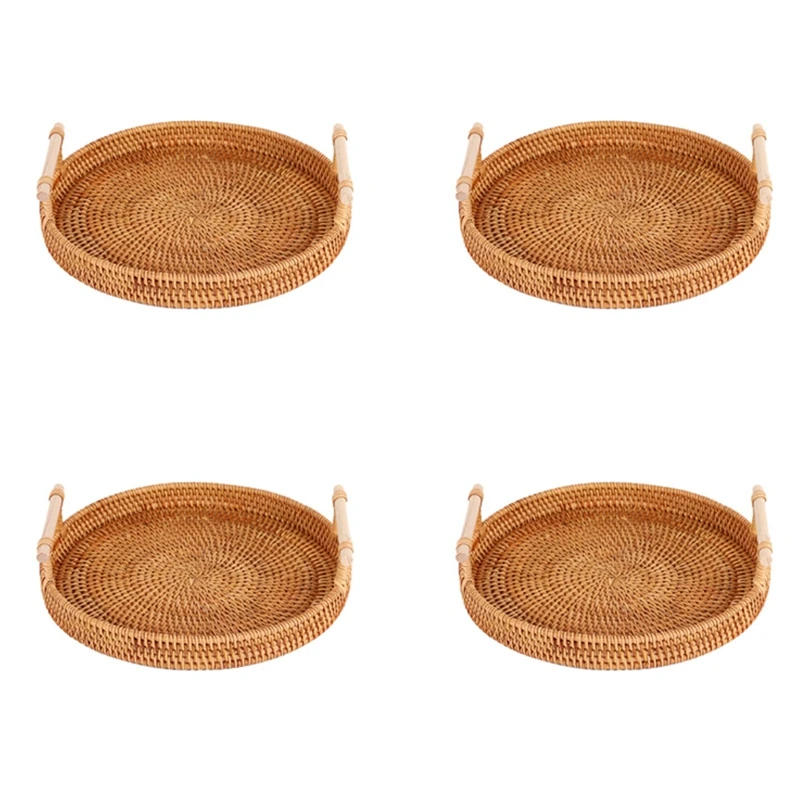 

4X Rattan Storage Tray, Round Basket With Handle, Rattan Tray Wicker Basket Bread Fruit Food Breakfast Display L