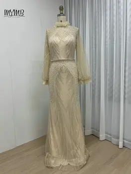 MYMB elegante arabo Champagne maniche lunghe collo alto abito da sera Gorgerous perline sirena donne musulmane abiti da sposa Patry