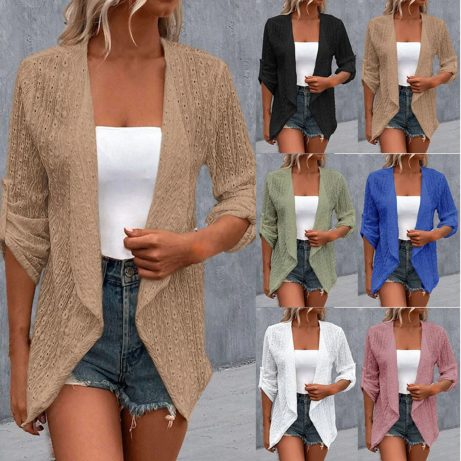 

Casual Long Sleeve Cardigan 2023 Spring/Summer/Autumn New Lace Hollow Hook Flower Solid Color Transparent Smoked Coat