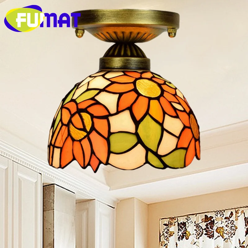 

FUMAT Tiffany style stained glass sunflower 8 inch small ceiling light for bedroom hallway hallway balcony LED decor