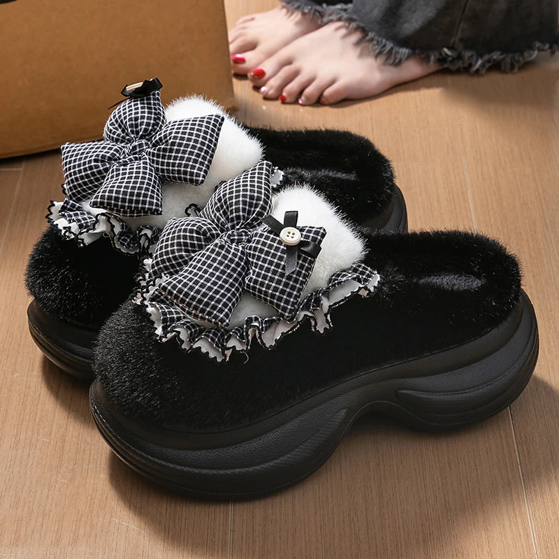 Lovely Bowknot Decor Fluffy Slippers for Women 2025 Indoor Non Slip Warm Cotton Slides Woman Thick Sole Plush Slippers Female