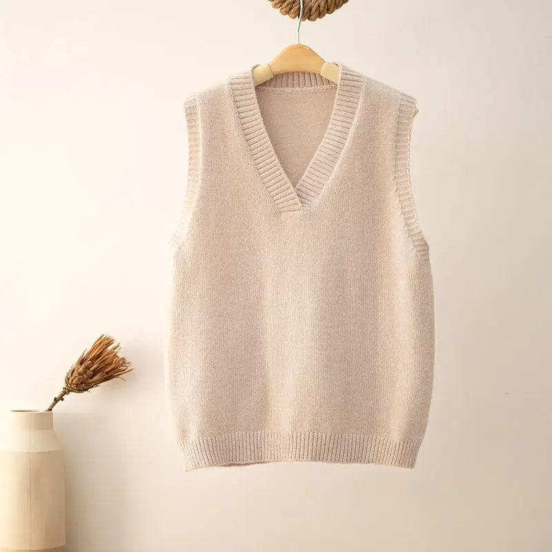 

2024 Women Autumn Winter New Mink Cashmere Knitted Vest Female Loose V-neck Waistcoat Ladies Solid Sweater Sleeveless Tops Y115