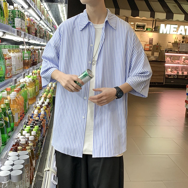 

Striped Short Sleeve Shirts Thin All-match Loose Casual All-match Lapel Bottoming Tops Breathable Fashion Men's Clothing Summer