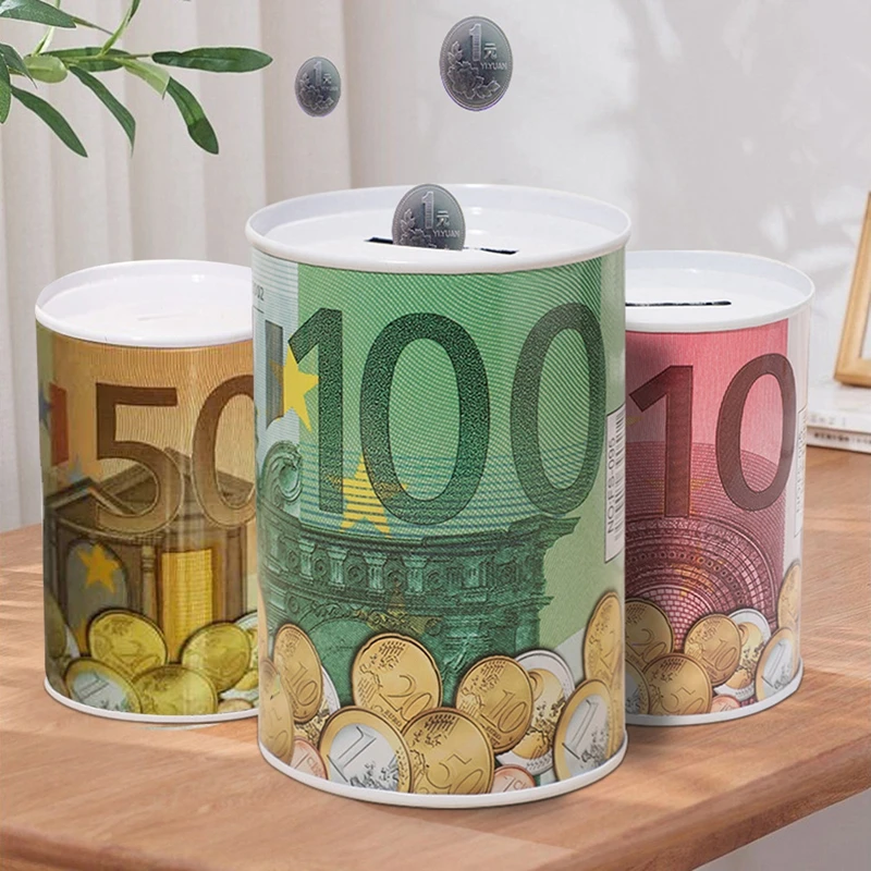 Tinplate Cylinder Piggy Bank Euro Dollar Picture Box Household Saving Money Box Home Decoration Money Boxes piggy bank