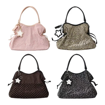 Borsa tote con stampa leopardata ricamata BadBlue, borsa a tracolla di grande capacità con ciondolo a specchio a forma di stella, borsa da donna alla moda Y2K