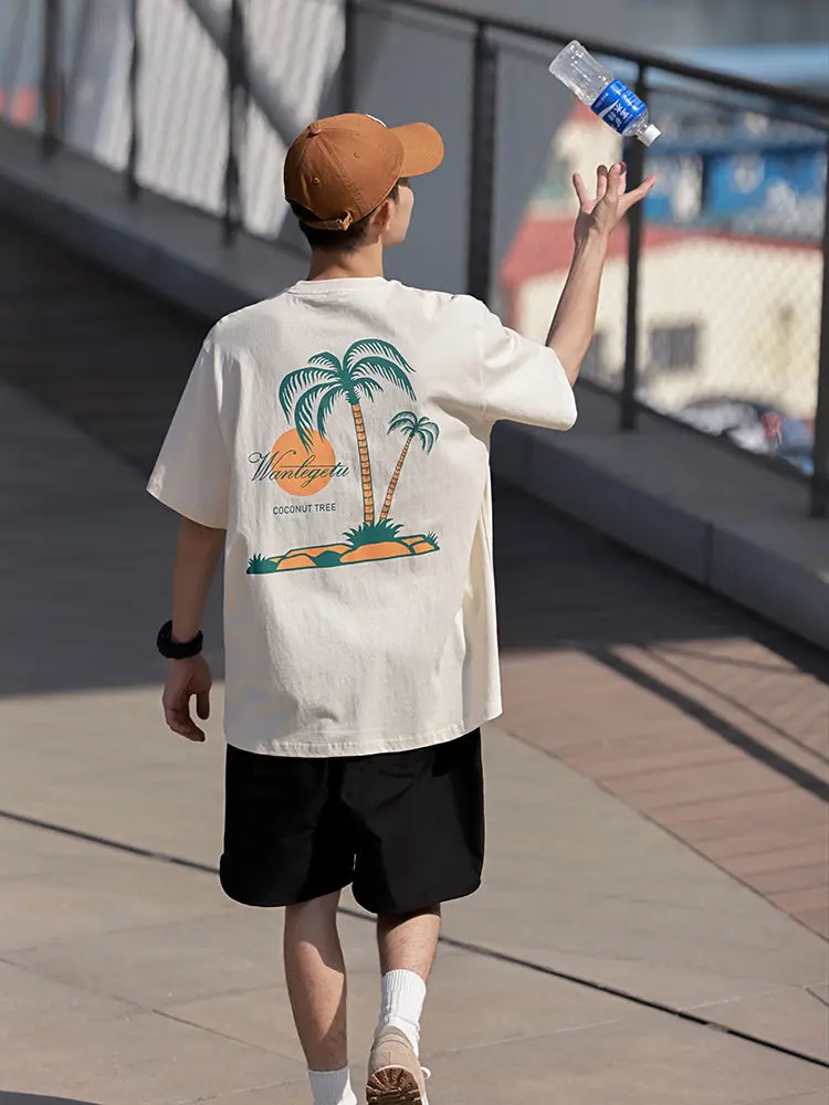 

Pure cotton men's short-sleeved T-shirt new Hong Kong style niche coconut tree print oversize loose half-sleeved T-shirt y2k top