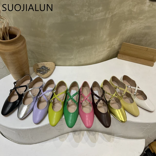 SUOJIALUN 2022 New Spring Women Flat Heel Shoes Shallow Mary Jane Ballet Flats Fashion Candy Color Ballerina Soft Casual Loafers 1