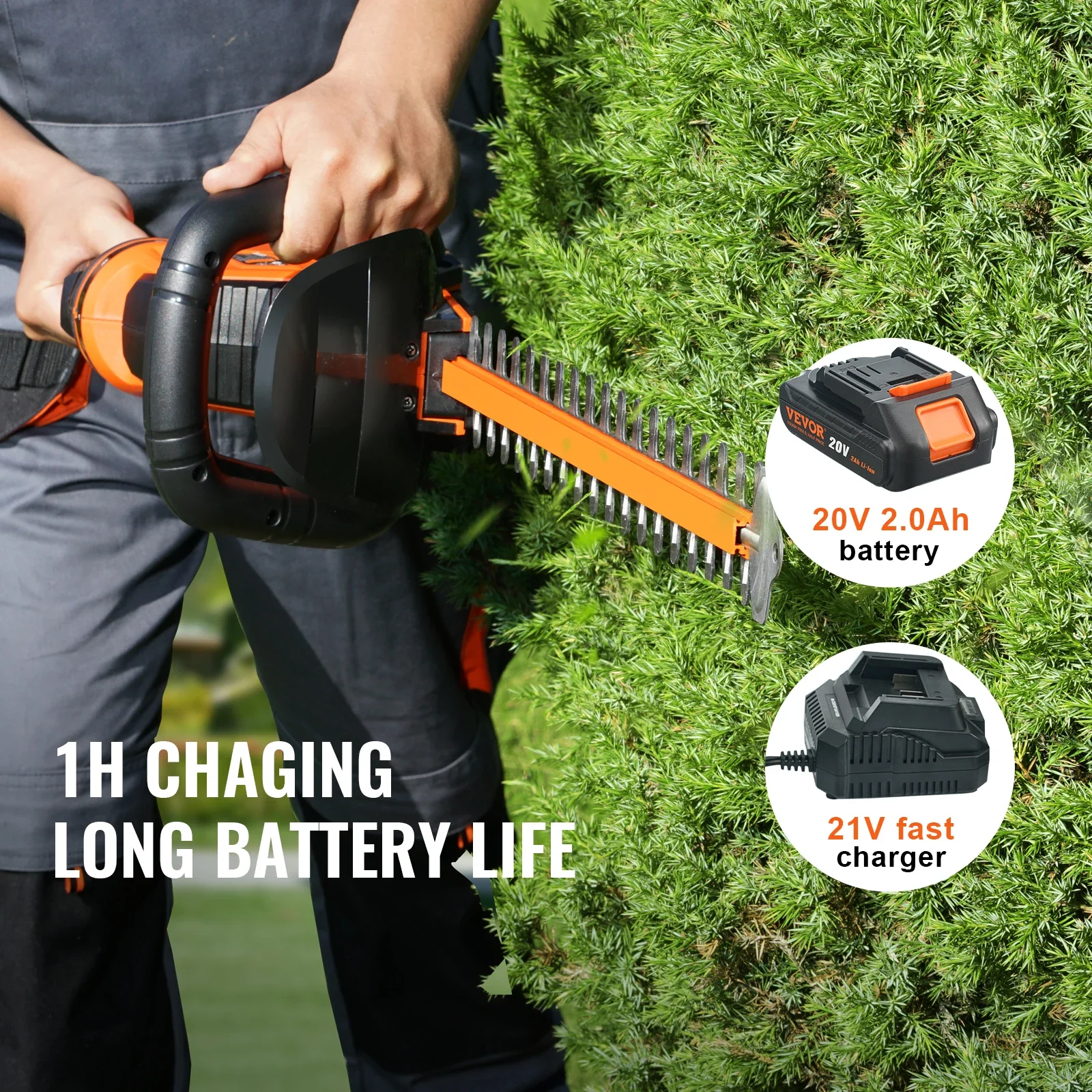VEVOR 20V Cordless Hedge Trimmer 18 Inch Double-edged Steel Blade Hedge Trimmer Kit 20V Battery Charger And Blade Cover Included