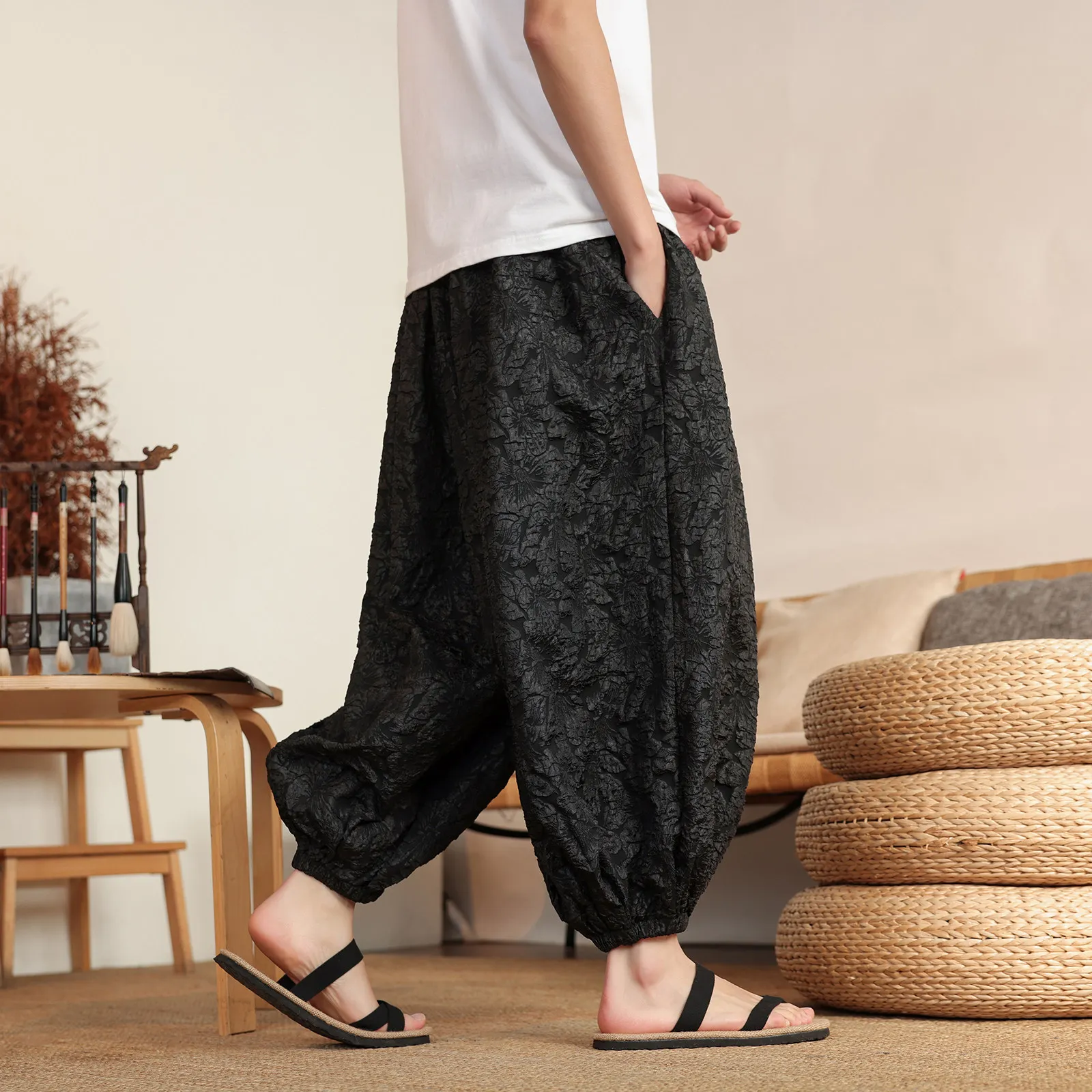 Vintage Jacquard Shorts Men 2026 Spring Summer Casual Trendy Lantern Trousers Japanese Styles Harun Wide Leg Pants Plus Size 8XL 2
