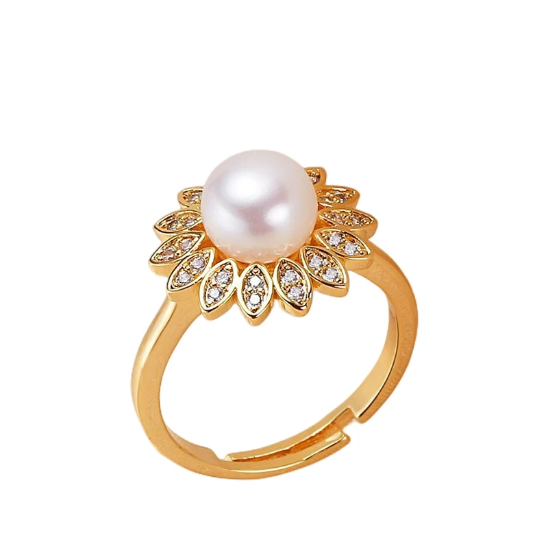 MULICHEN Zircon Inlaid Copper Plated 14K Gold Open Women's Ring 7-8mm Freshwater Pearl Ring Jewelry Free Shipping Gift