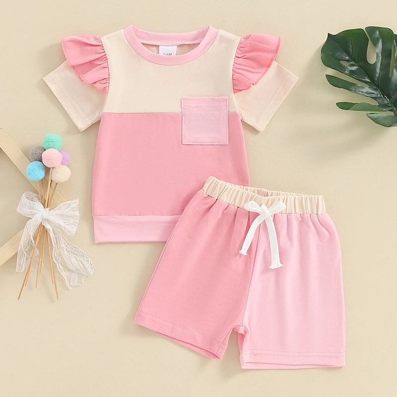 

BeQeuewll Toddler Girl Summer Clothes Contrast Color Flying Sleeve Round Neck T-Shirt with Shorts 2 Pcs Outfit For 0-3 Years