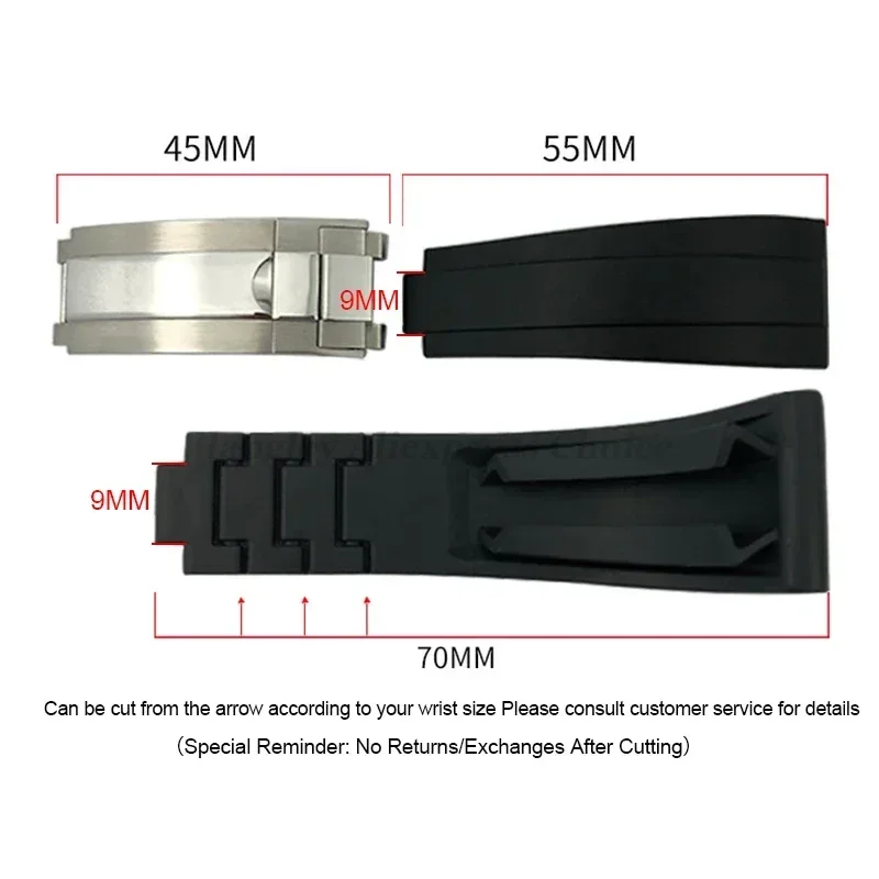 Rolex Black & Green Rubber Wristband with Stainless Steel Folding Buckle - 20mm Watch Strap
