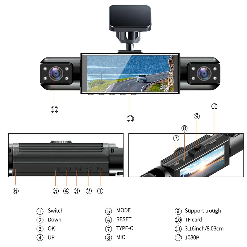 4-Channel 1080P Dash Camera Front Rear Left Right Camera Night Vision Adjustable Lens DVR with 64GB Card for Vehicle Safety