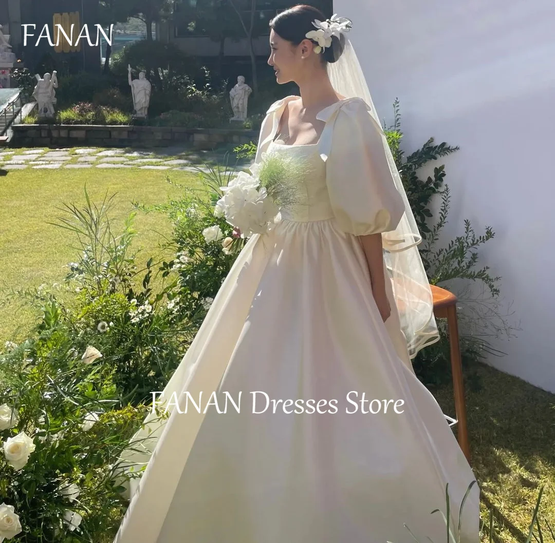 

FANAN Korea Square Collar Wedding Dresses A-Line 웨딩드레스 Ivory Puff Sleeves Satin Custom Made Vintage Bride Gowns Plus Size