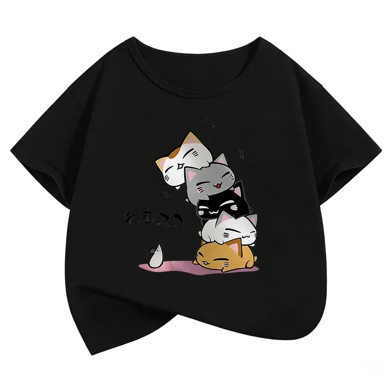 Y2K Funny Cat Graphic Kids Tshirts Summer Short Sleeve Tees Cartoon Boys Girls Clothes Kawaii Tops Children T-shirt 3