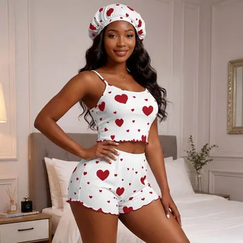 Women's Heart Print Ribbed Tank Top & Shorts Pajama Set Summer Sweet Ruffle Sleepwear 2 Piece Set Lightweight Loungewear