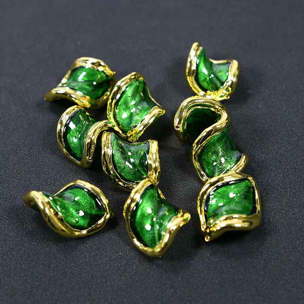 

APDGG 10 Pcs Natural Green Glass Twist Shape Connector Beads Gold Electroplated Bezel For Jewelry Making DIY Findings