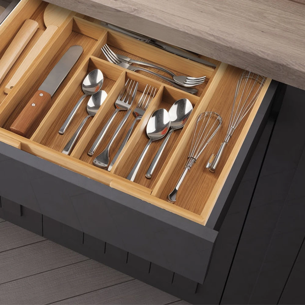 Multifunctional Expandable Kitchen Drawer Organizer for Utensils Cutlery Flatware Bamboo Silverware Tray