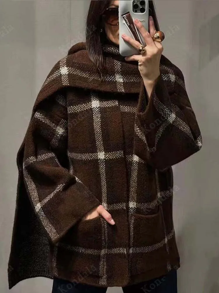 2025 New Women Fashion Plaid Knitted Cardigans Long Sleeve Scarf Collar Sweater Cardigan Autumn Winter New Style Knitwear Coat