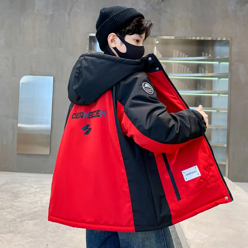 New Fall Winter Children's Boy Casual Parka Jackets Patchwork Outerwear Thermal Clothes Hooded Teen Boys Korean Parka Coat 5-14T