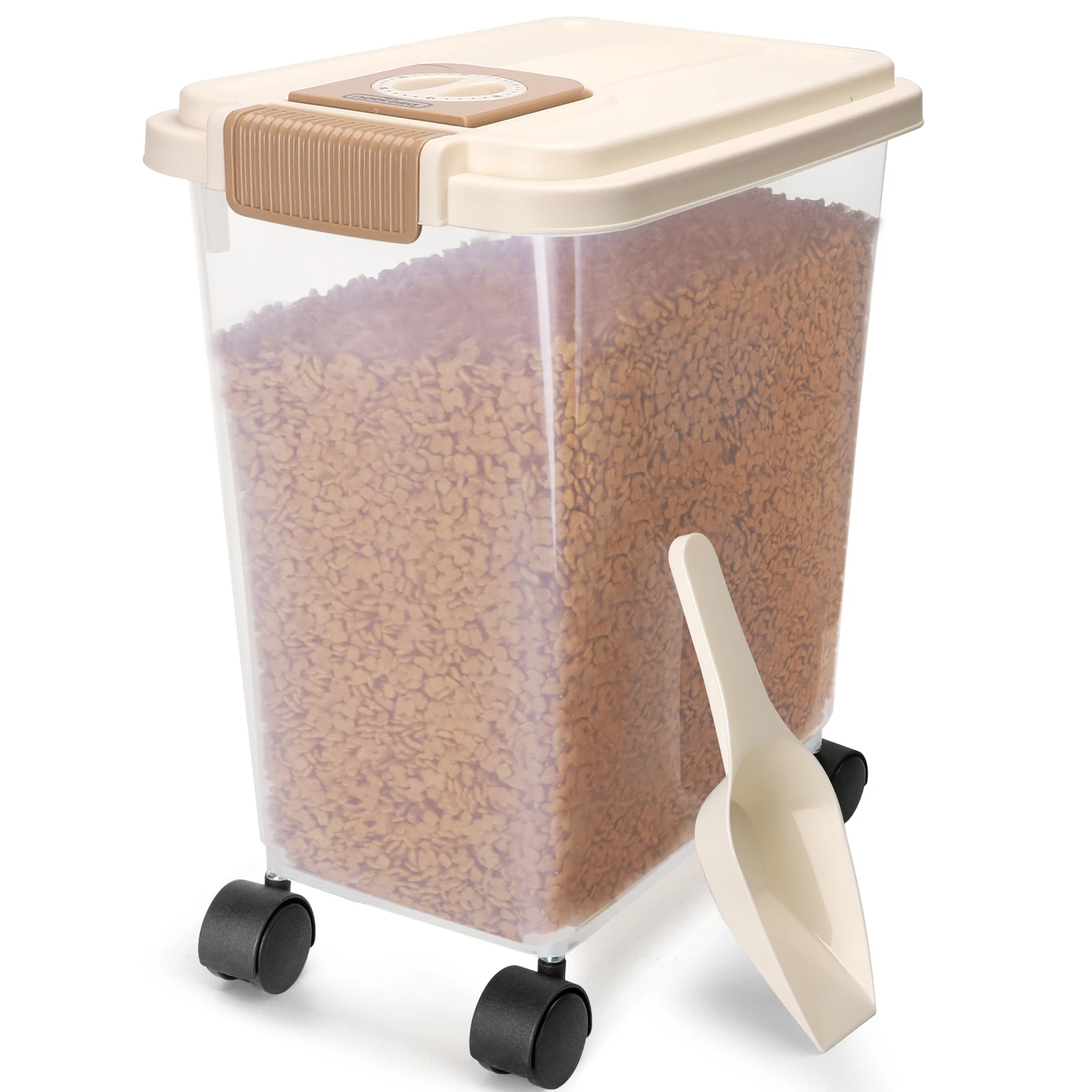 Contenedor de Pienso para Mascotas 20L/40L, con Ruedas, Tapa Abatible, Cuchara y Marcador de Fecha, Caja Hermética Transparente para Perros y Gatos