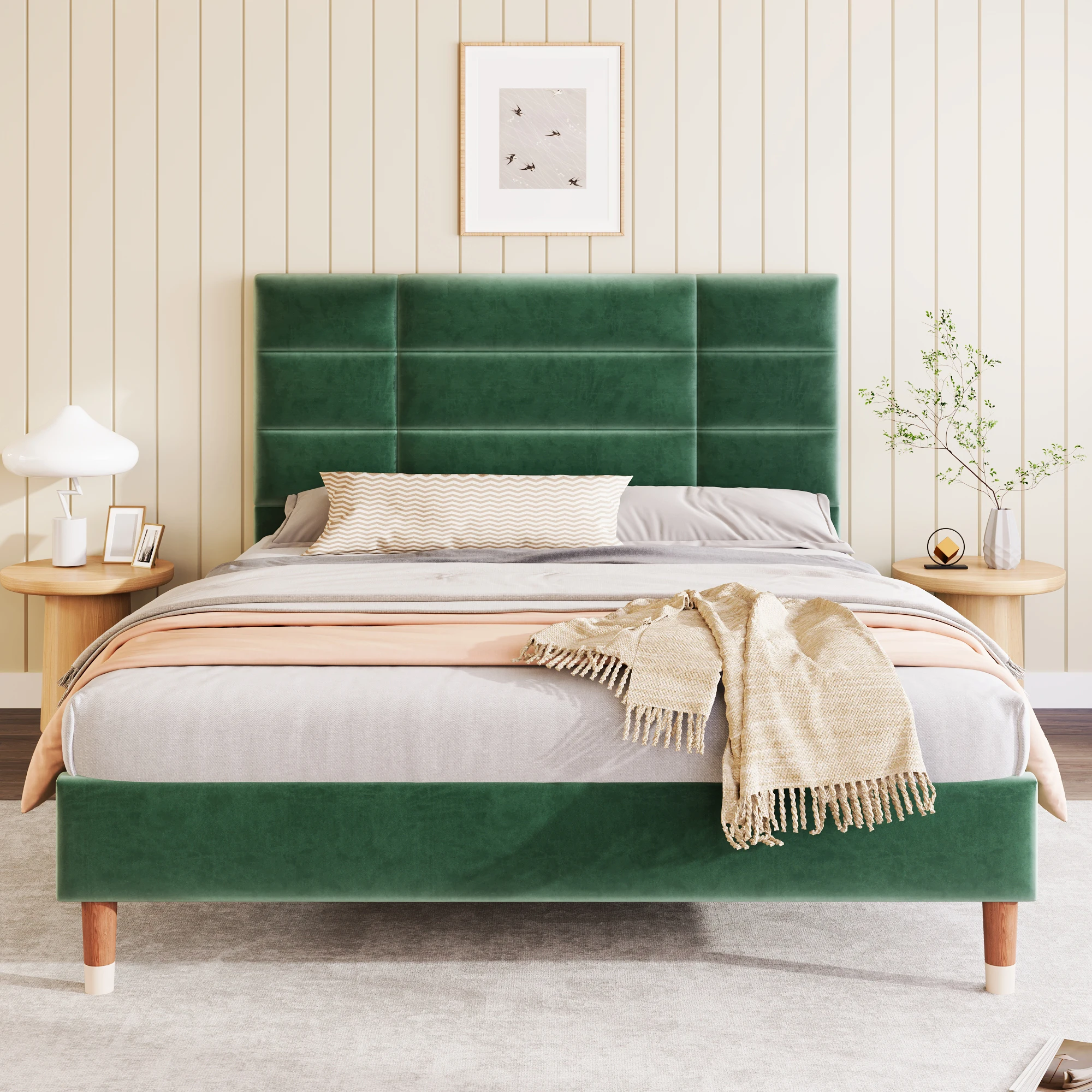 Upholstery bed double bed with slatted frame 140x200cm padded bed frame with headboard dark green velvet, for adults & youthful