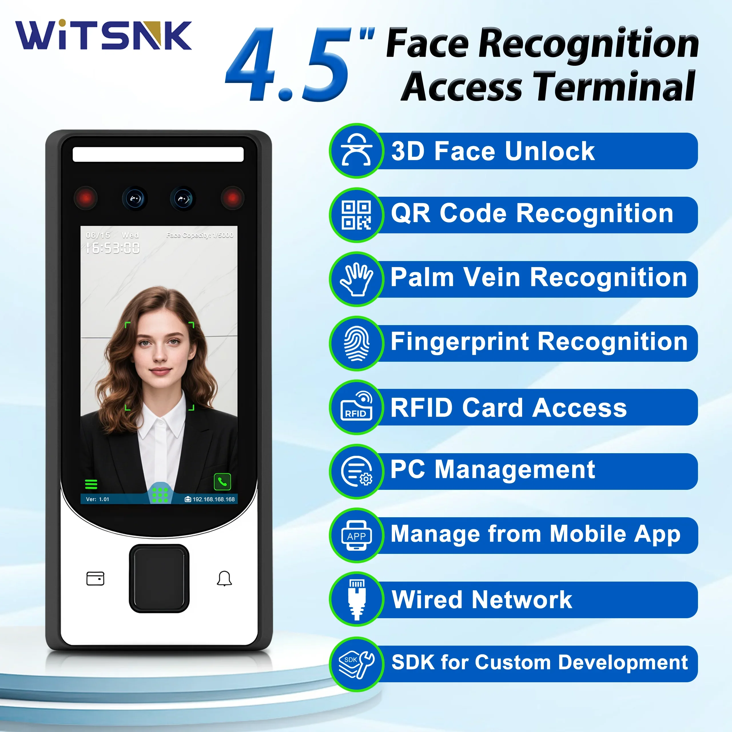 Système de contrôle d'accès biométrique, carte de veine de paume faciale de 4.5 pouces, Terminal de présence de temps en nuage, WiFi TCP IP, API ouverte, application Mobile Remo