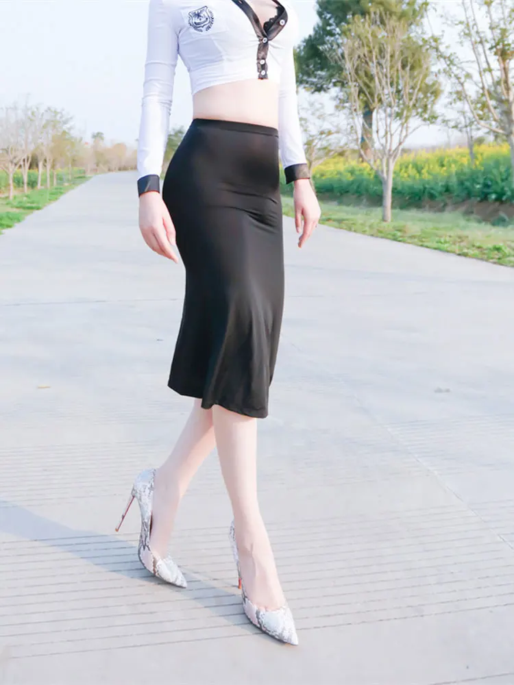 Ice Silk Ultra-thin Perspective A-line Skirt Sexy Package Hip Tight Elastic Women\'s Long Skirts Solid Color Transparent Skirt
