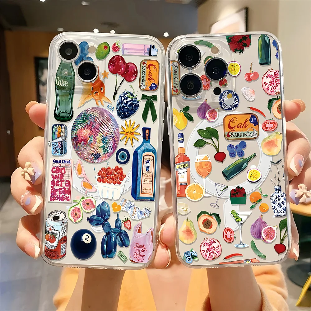 Luxurious Summer Wine & Colorful Fruits Design Magsafe Magnetic Clear Phone Case