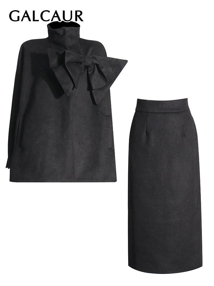 

GALCAUR Solid Two Piece Sets For Women Turtleneck Long Sleeve Spliced Bowknot Coat High Waist Midi Skirt Slim Chic Set Female