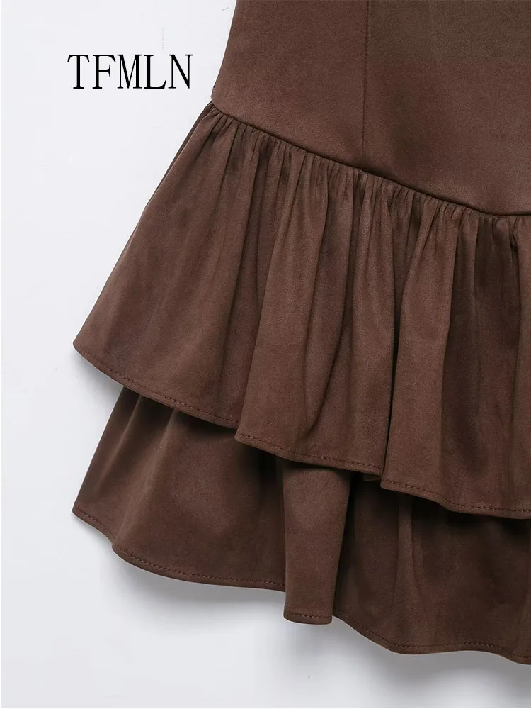 Elegant Women Solid Layered Mini Dress Hot Fashion Girl Sleeveless O-Neck Nipped Waist Slim Ruffles Splice Sexy Vest Dress