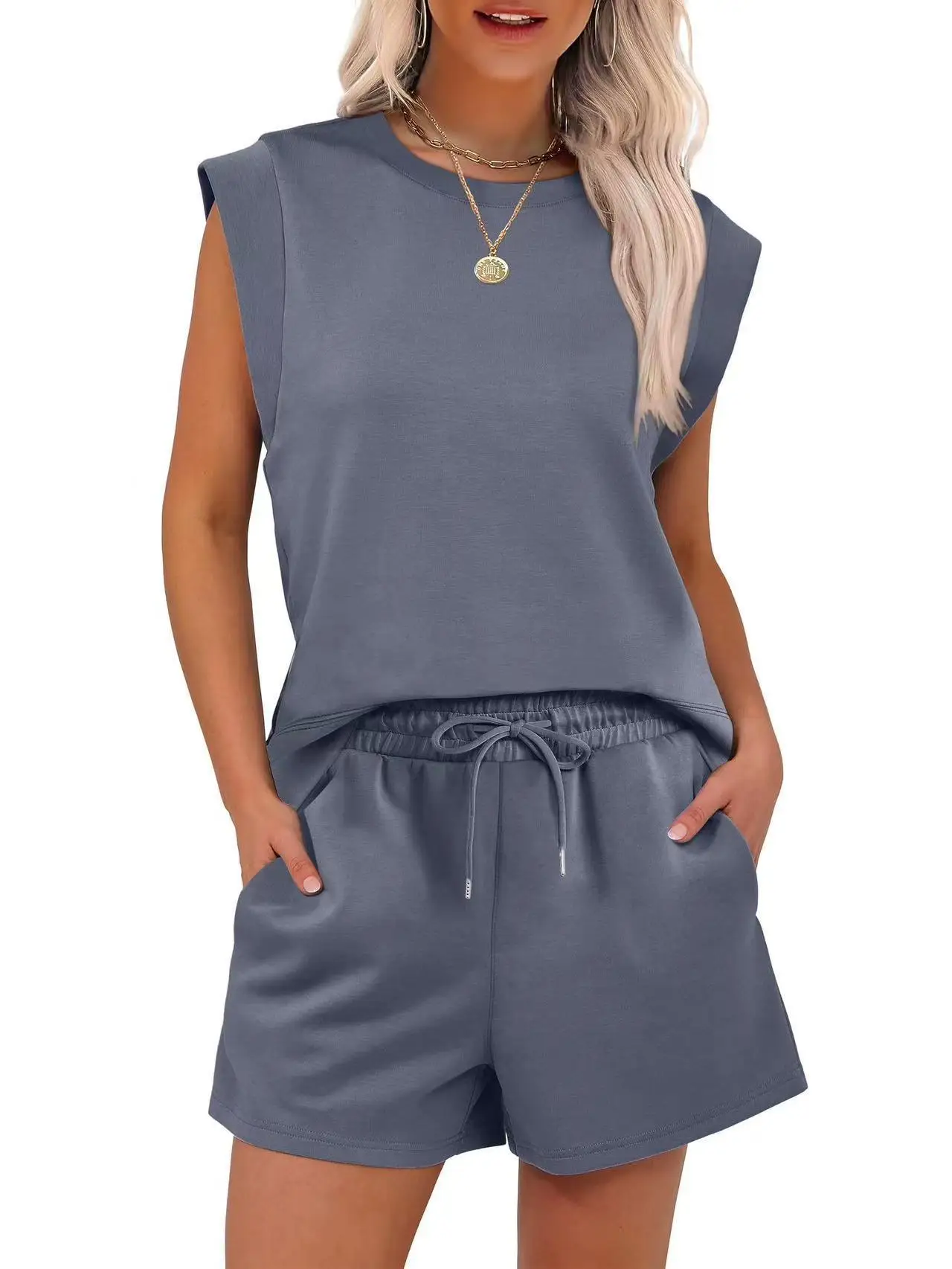 Women'S Summer Two-Piece Set Round Neck Cap Sleeve Top With Pocket Shorts Set 2025 New Women Slim Tops + Shorts Sets 5