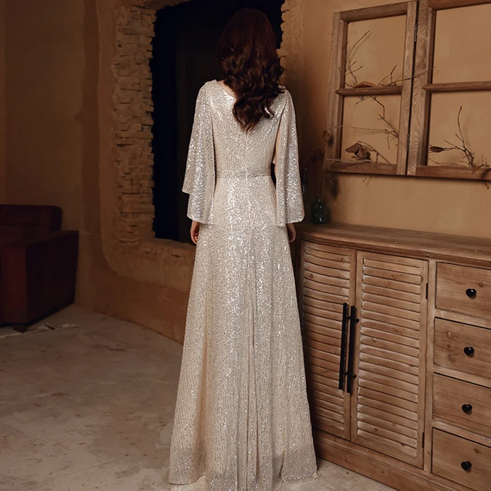 Women Prom Dresses Women V-Neck Evening Dress Solid Color Sequin A-line Party Prom Dress