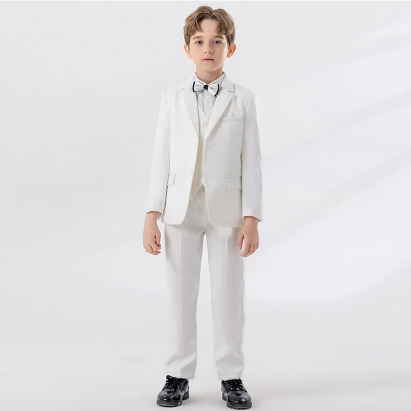 Child Autumn Formal White Suit Set Kids Performance Piano Host Wedding Party Photography Costume Kids Blazer Vest Pants Bowtie