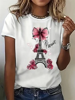 Paris Eiffel Tower Print Women's Casual T-shirt - Short Sleeve Activewear Top Aesthetic Clothes 1