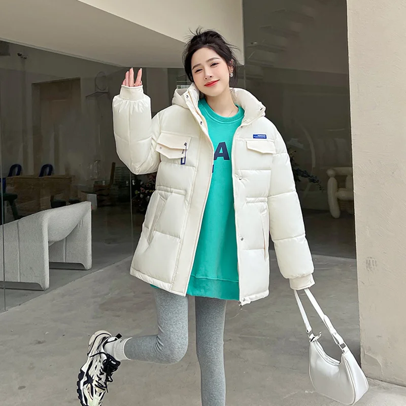 Women Down Cotton-Padded Jacket, Short Overcoat, Korean Fashion, Loose, Thick, Warm, Parker, Female Outwear, Autumn, Winter, New mid length thick warm loose hooded coats women s cotton jackets autumn winter 2021 new padded jacket female long sleeve overcoat