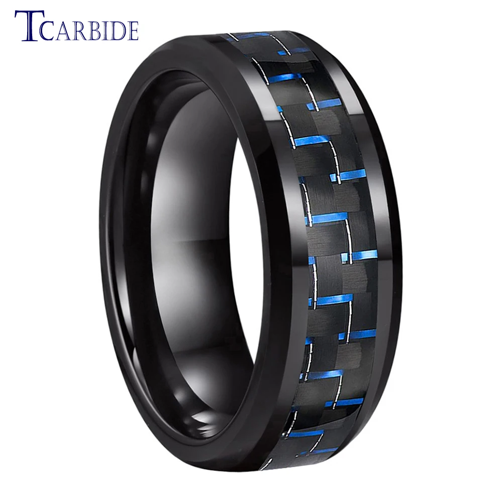 6MM 8MM Carbon Fiber Ring Men Women Classic Tungsten Wedding Band Beveled Polished High Quality Comfort Fit