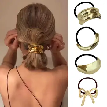 4PCS Metal Hair Ties Geometric Elastic Hair Cuff Ponytail Holder,Gold Hair Scrunchies,Fashion Hair Accessories for Women Thick 1