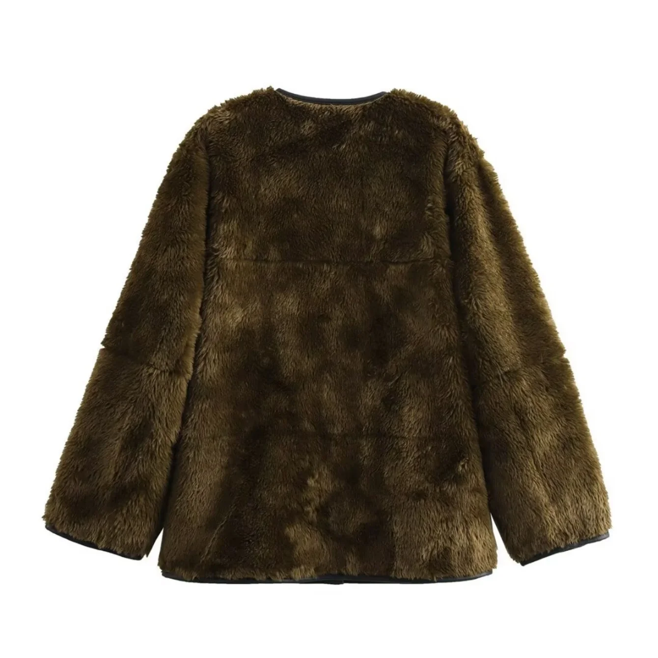 Women Faux Wool Warm Loose Jacket Coat Female Retro O-Neck Single Breasted Double Pocket Casual Overcoat Winter Lady Chic Coats