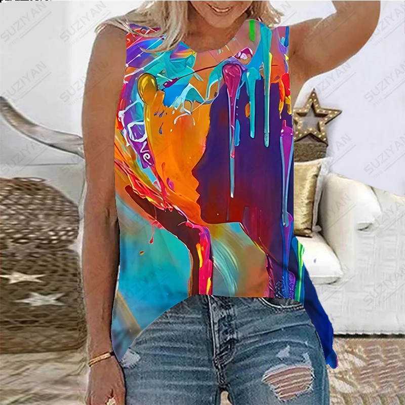 

Women's Summer New Sleeveless Tank Top 3D Printed Colorful Oil Painting Portrait Retro Casual Beach Style Women's Pullover Top